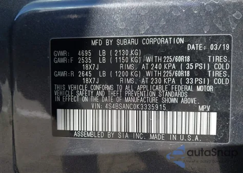 2019 Subaru Outback 2.5I Limited from USA, damaged, VIN 4S4BSANC0K3335915
